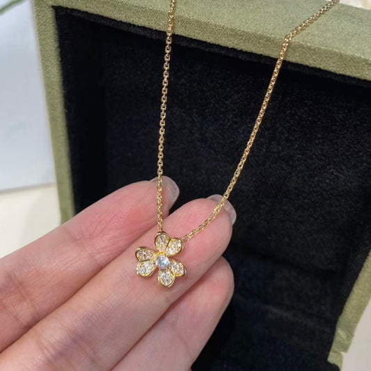 Women's Gold Single Flower Clover Petal Full Diamond Three Necklace