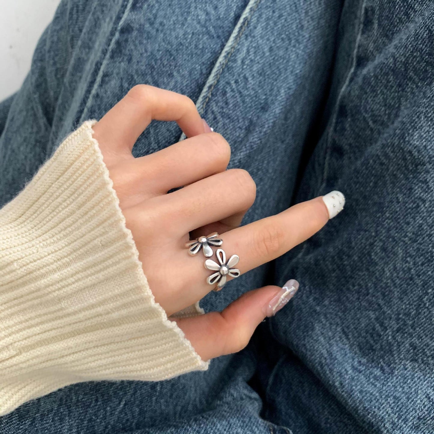 Flowers Female Retro Everyday Fashion Niche Design Open Rings