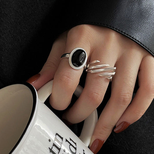Sterling Sier Black Agate Cold Style Advanced Ring