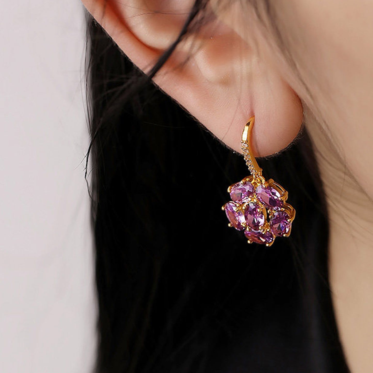 Women's Purple Zircon Flower Ear Hook High-grade Light Luxury Unique Earrings