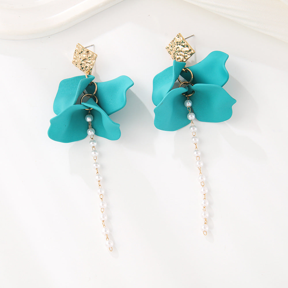 Style Red Blue Colorful Petals Pearl Long Trend Earrings