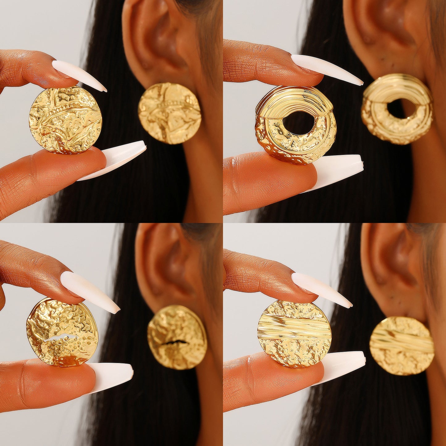 Retro Stainless Steel Round Pleated Pattern Vein Gold Earrings