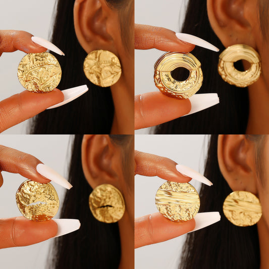 Retro Stainless Steel Round Pleated Pattern Vein Gold Earrings