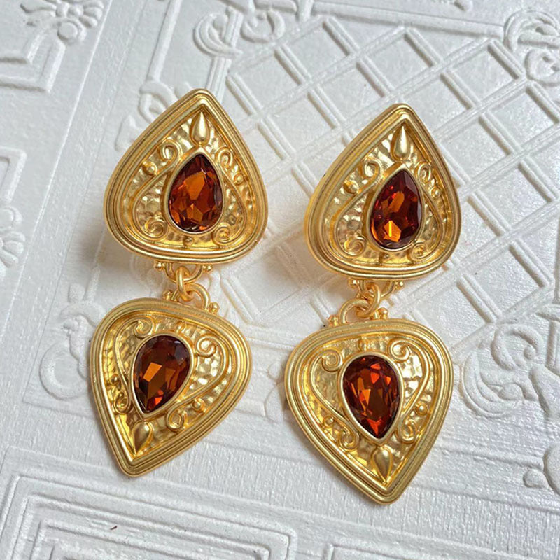 Gold-plated Double Heart-shaped Plain Gold Vintage Court Earrings