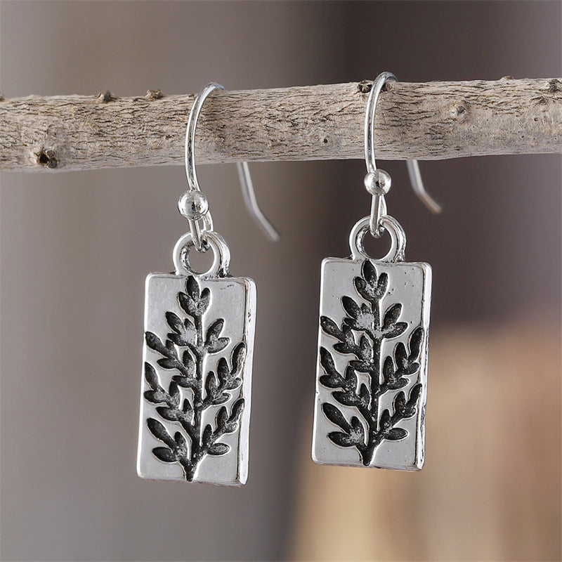 Fashionable Retro Ancient Sier Leaf Square Simple Earrings