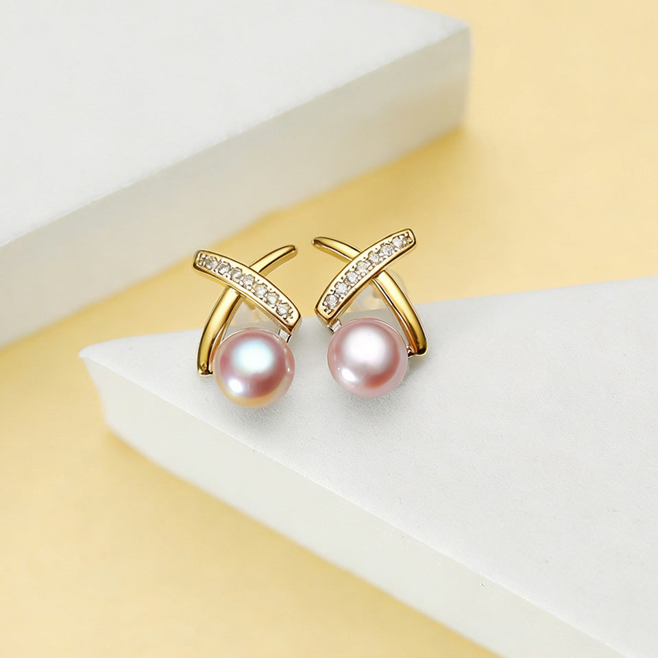 Natural Freshwater Pearl Ear X-shaped Cross Line Stud Earrings