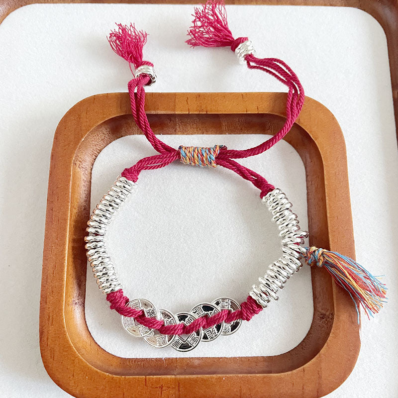 Sier Red Carrying Strap Chinese Round Dynasty Five Coins Hand-woven Bracelet