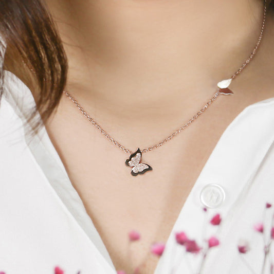 Women's Steel Clavicle Chain Fashionable Rose Gold Frosted Double Butterfly Necklaces