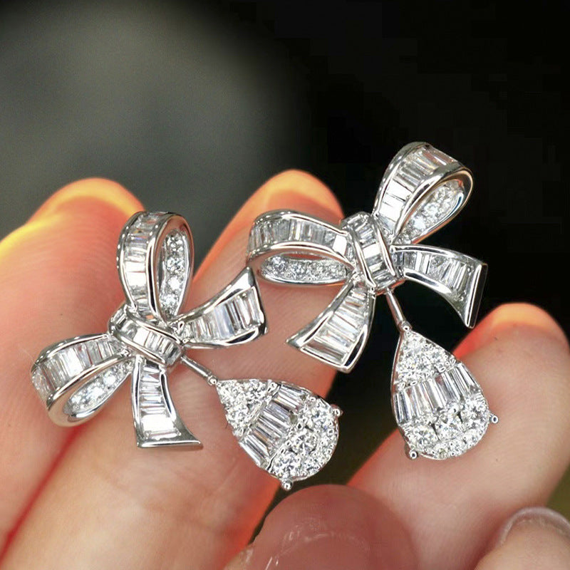 Lady Sweet Exquisite Bow Micro Inlaid Stud Earrings