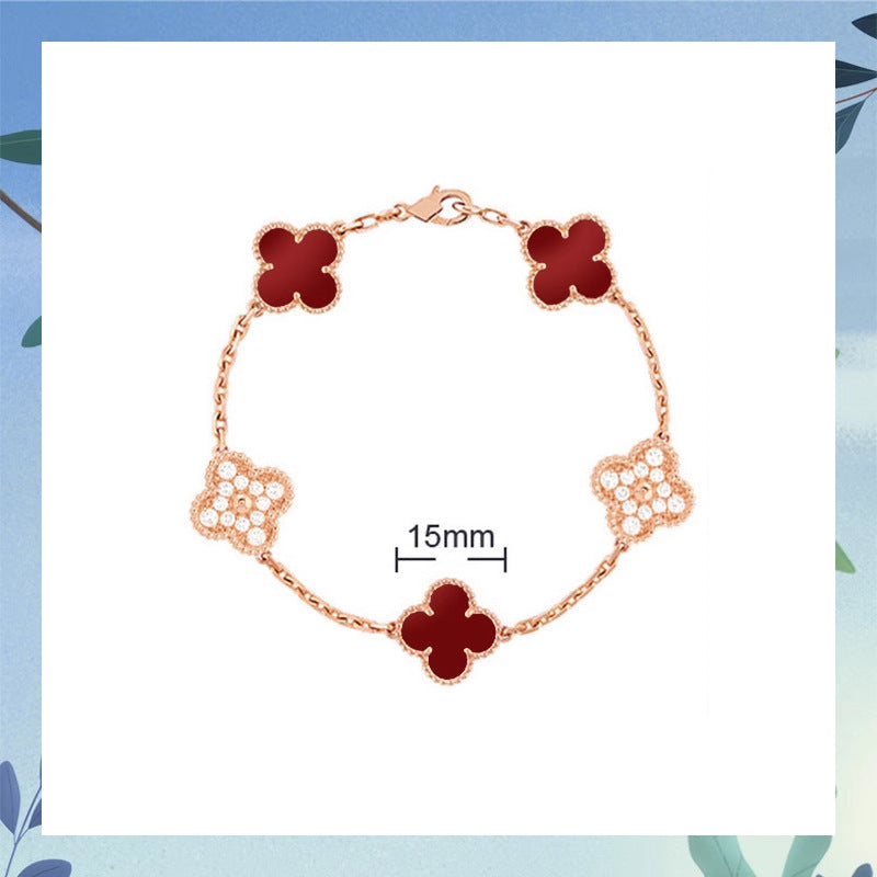 Women's Four-leaf Clover Rose Gold Red Agate Black White Shell Flower Bracelet