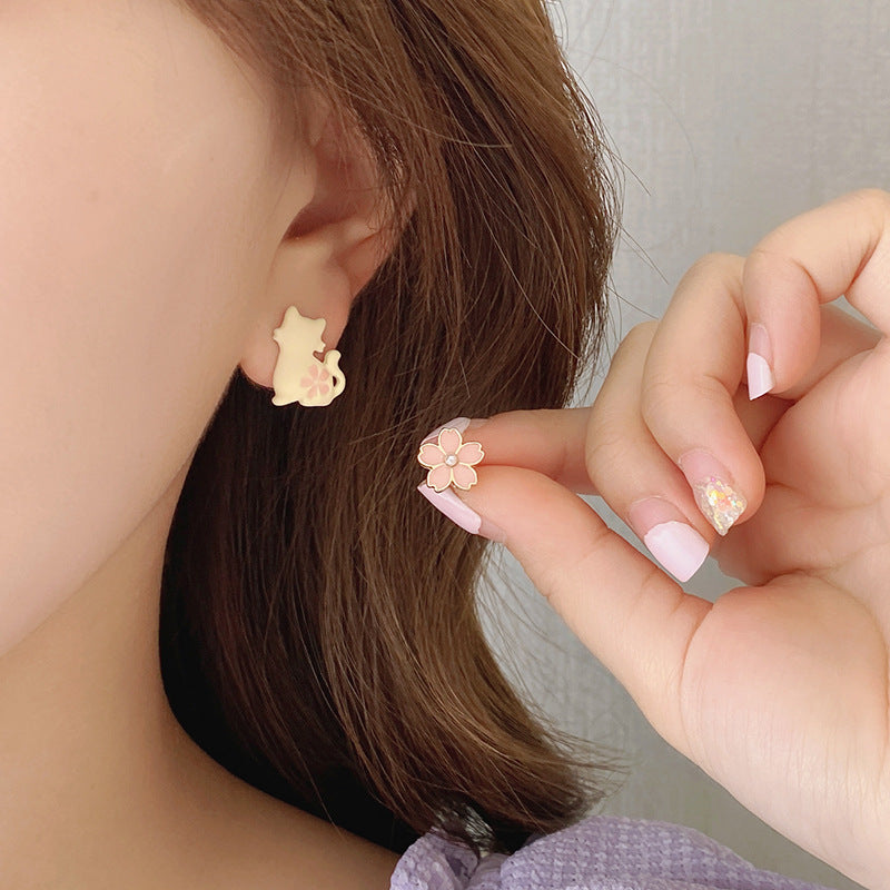 Pink Oil Dripping Peach Flower Sier Cute Stud Earrings