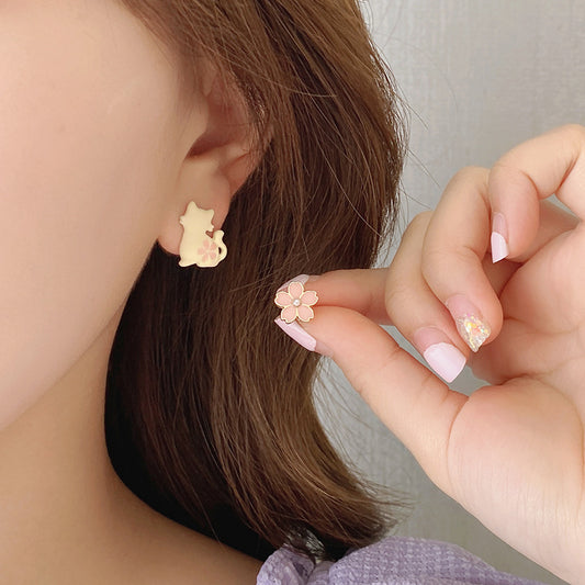 Pink Oil Dripping Peach Flower Sier Cute Stud Earrings