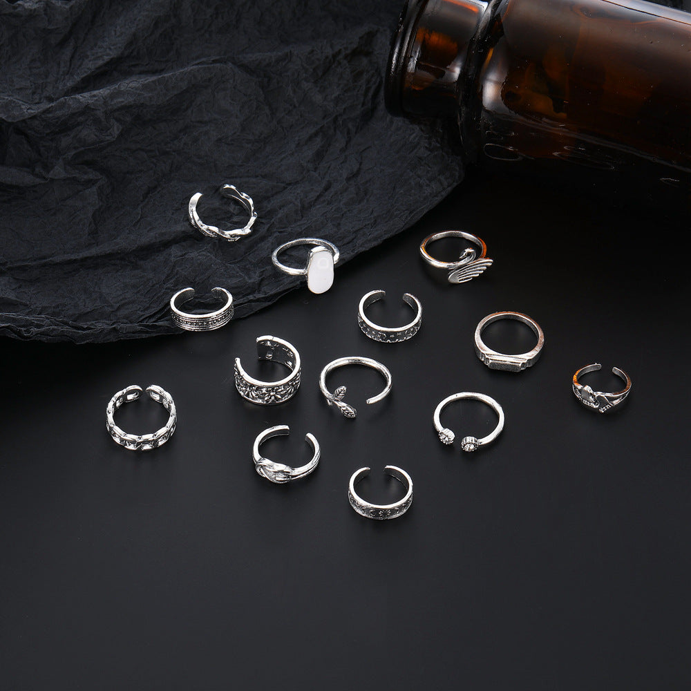 Fishtail Swan Floral Chain Love Moon Pattern Ring