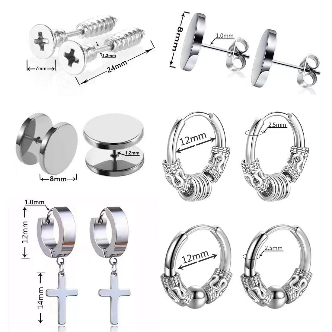 Men's Hip Hop Rock Cross Screw Vintage Dragon Earrings