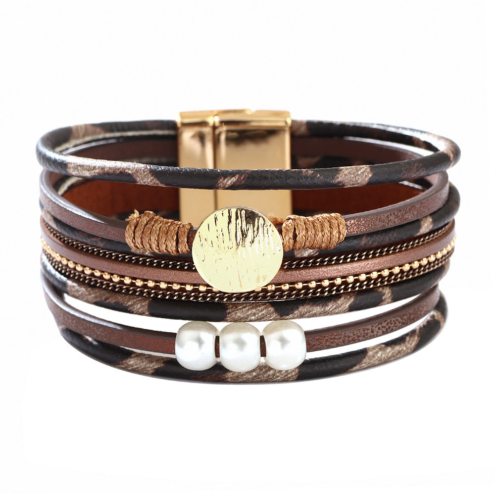 Graceful Fashionable Leopard Printed Pearl Simple Magnetic Bracelets