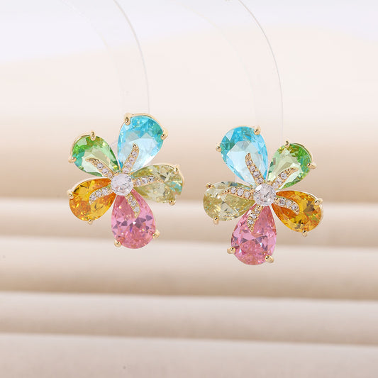 Colorful Crystal Gradient Eardrops Light Luxury Flower Stud Earrings