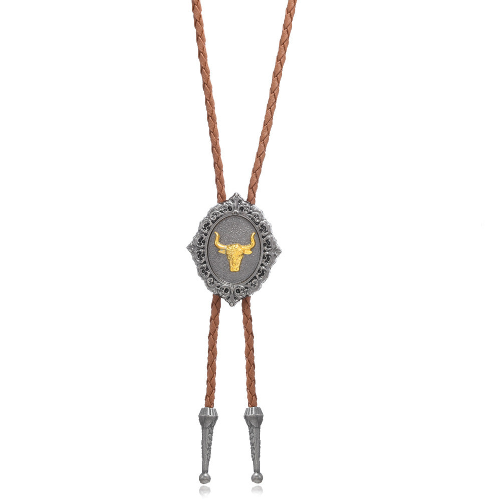 Men's Tie Leather String Horse Head Cow Alloy Long Sweater Chain Pendants