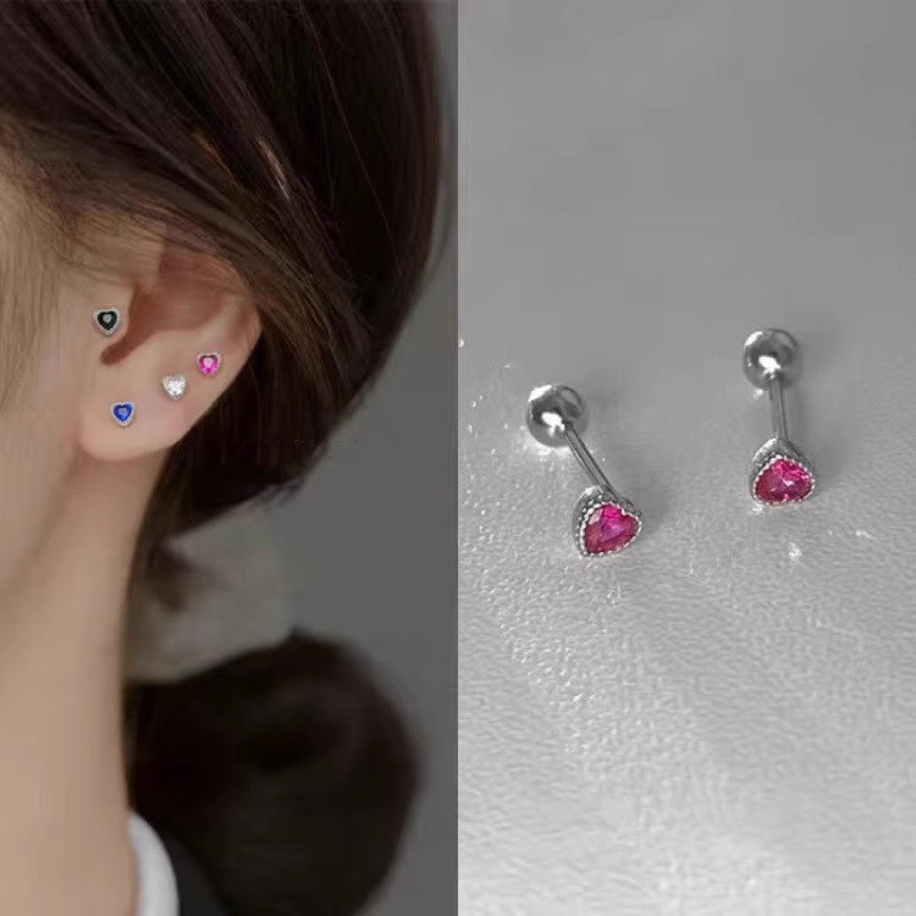 Women's Sterling Sier Screw Tightening Buckle Colorful Crystals Love Ear Bone Stud Earrings