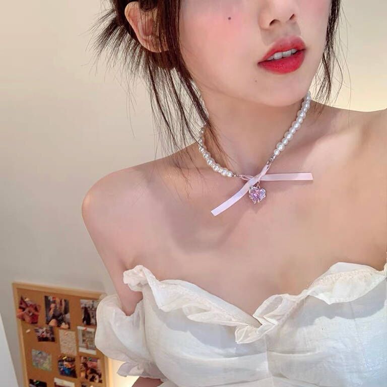 French Romantic Love Baroque Pearl Female Sexy Sweet Bow Necklace