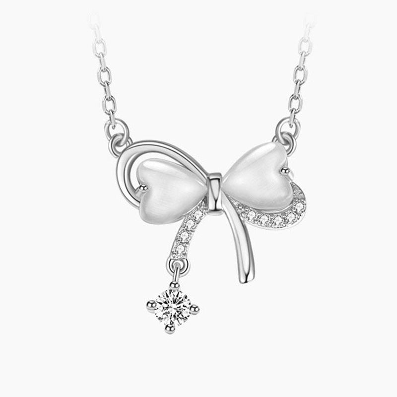 Opal Bow Tassel Female Style Design Heart Clavicle Necklace