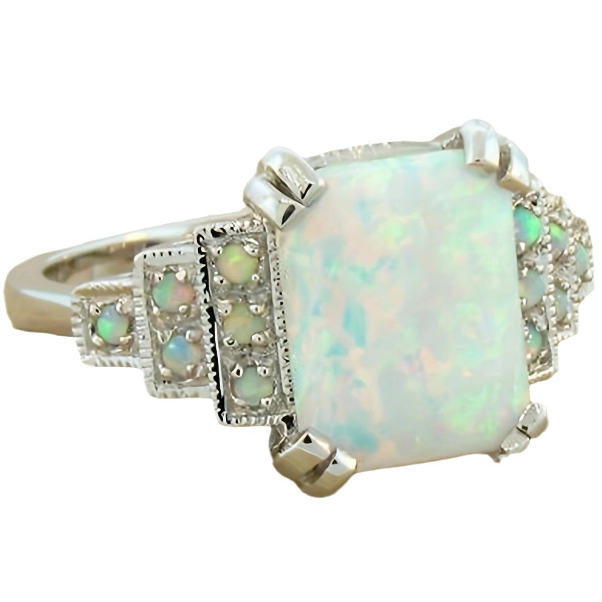 Women's Square White Opal Antique Sier Hand Jewelry Rings