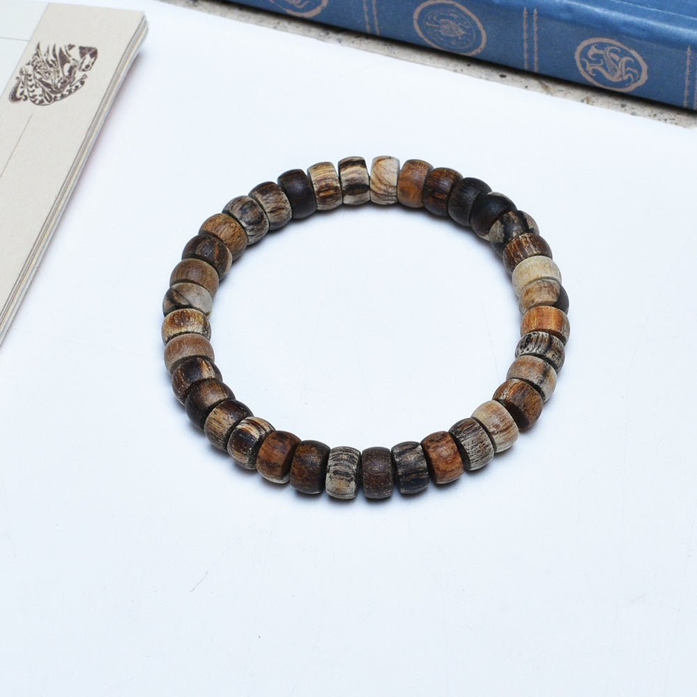 Wooden Prayer Beads Rosary Log String Flower Leather Bracelet