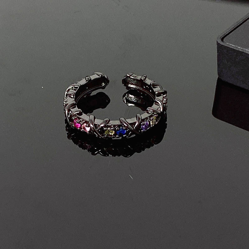 French Entry Lux Cross Colorful Crystals Open Rings