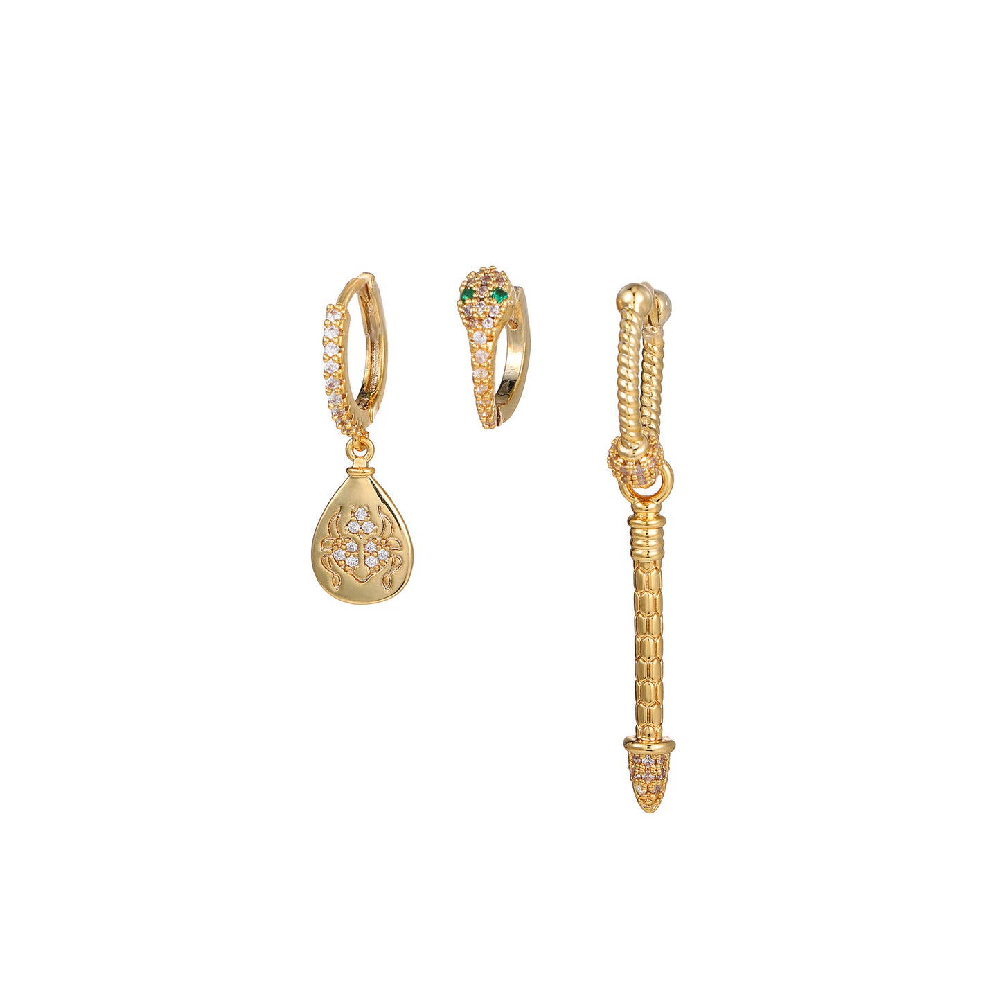 Stylish Fashion Trend Gold Zircon Three-piece Earrings