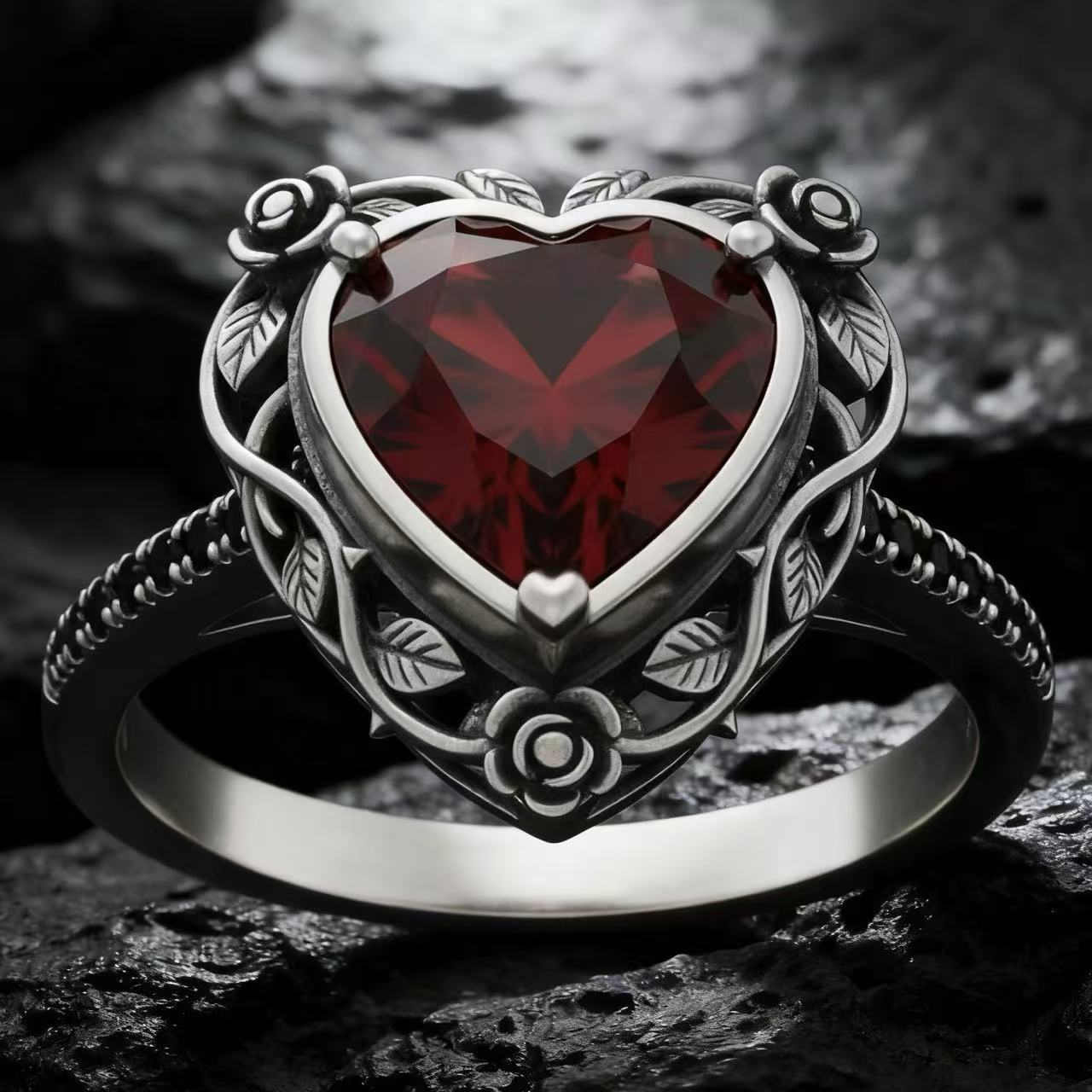 Women's Rose Red Love Heart-shaped Alloy Inlaid Rings