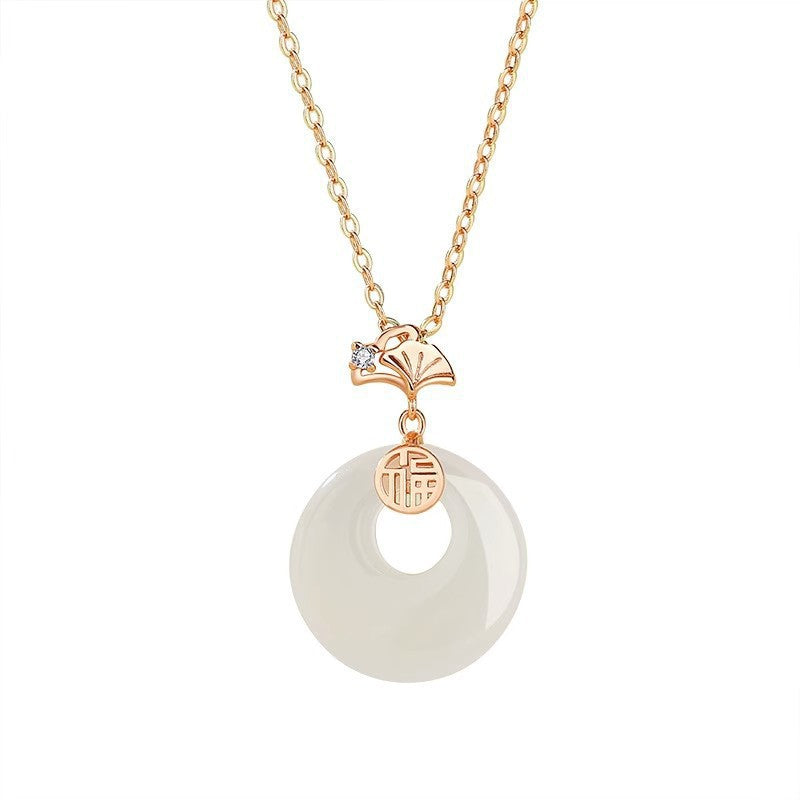 Women's Ginkgo Leaf Peace Buckle Chinese Style Fu Character Imitation Chalcedony Necklace