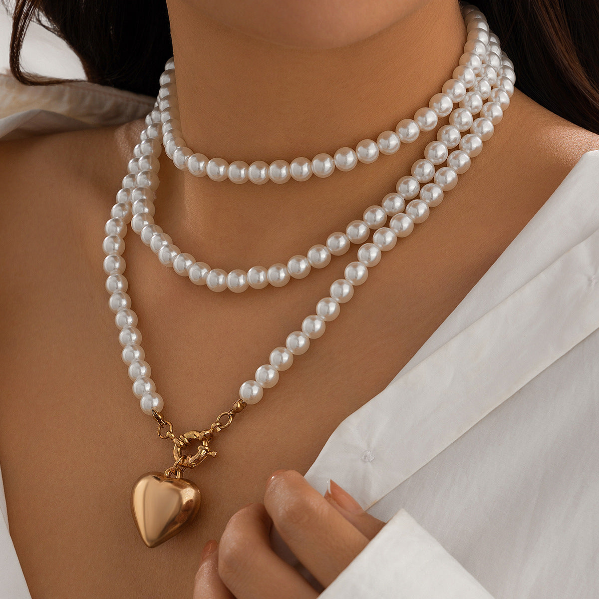 Metal Heart Imitation Pearl Fashion Winding Beaded Necklaces