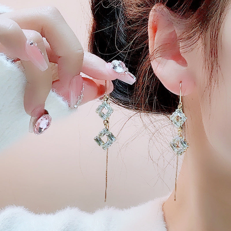 Women's Geometric Square Lines Fashion Simple Diamond Tassel Temperament Ear Line