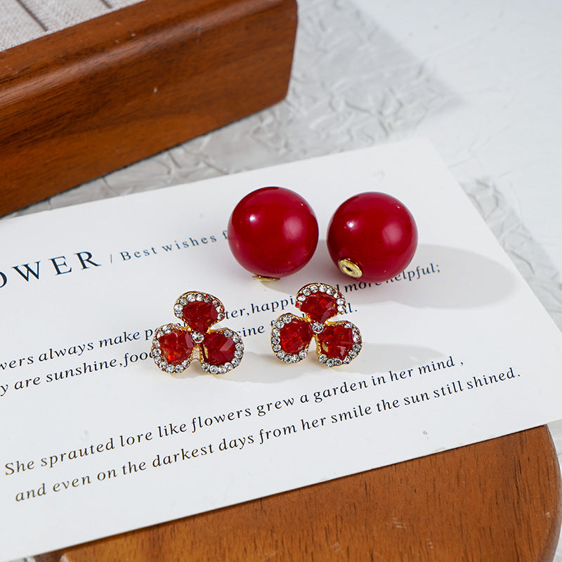 Women's Red Flower Beads Front Rear Ear Light Luxury Three-leaf High Stud Earrings