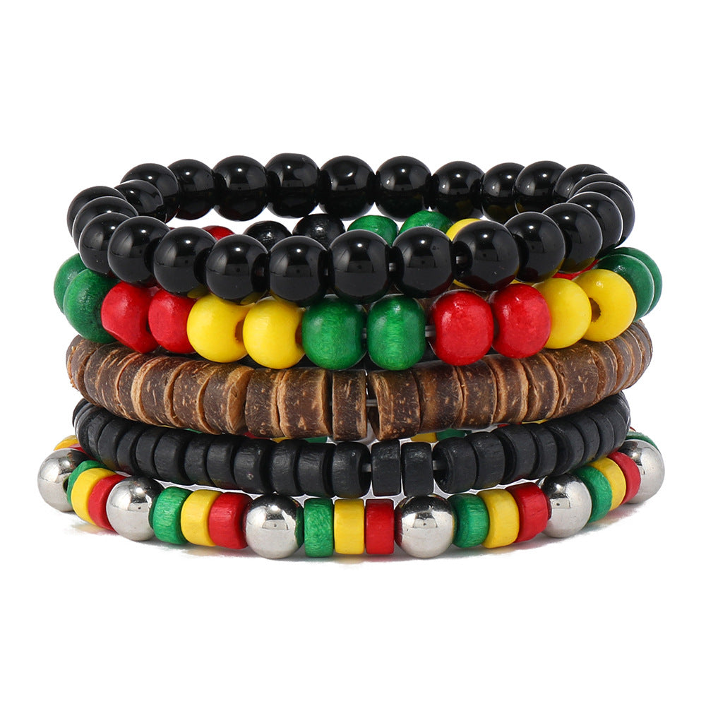 Yellow Green Classic Color Matching Wooden Bead Coconut Shell Elastic Bracelet