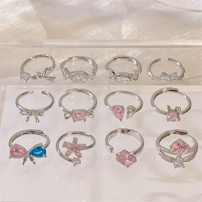 Colorful Crystals Open Bow Flower Design Elegant Light Rings