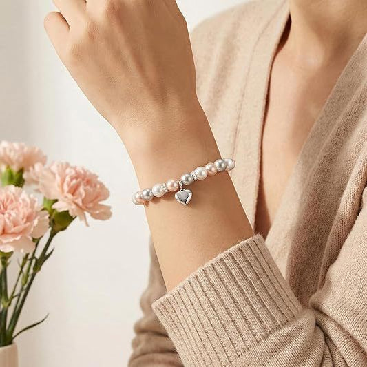 Women's Imitation Pearl Stainless Steel Love Beaded Adjustable Mother's Day Bracelet