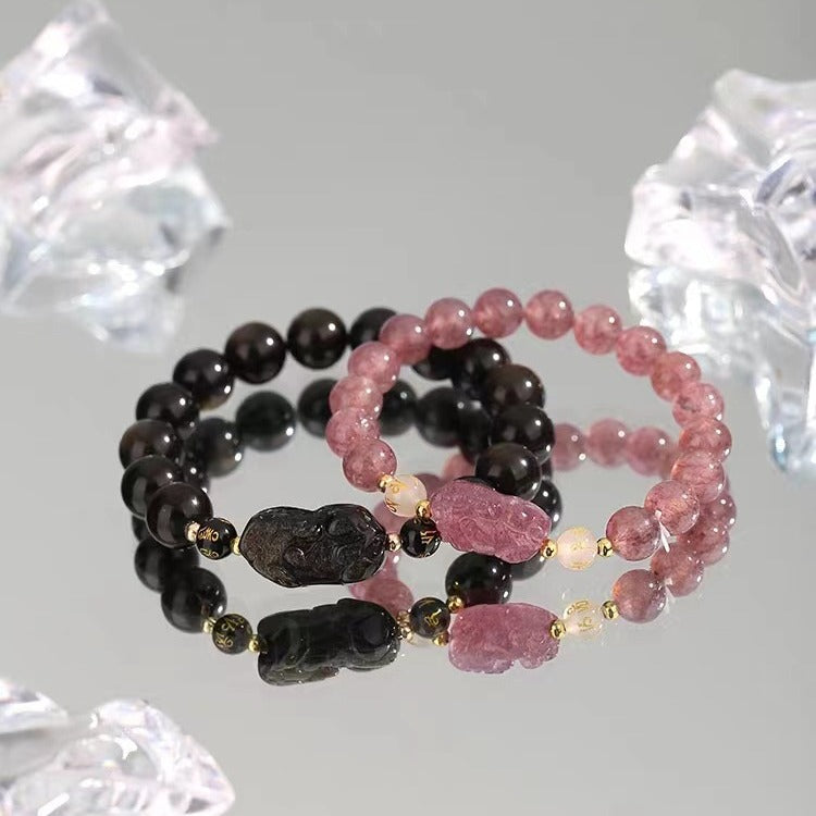 Women's & Men's Pi Strawberry Quartz Obsidian Sweet Style Lucky Meaning Bracelets