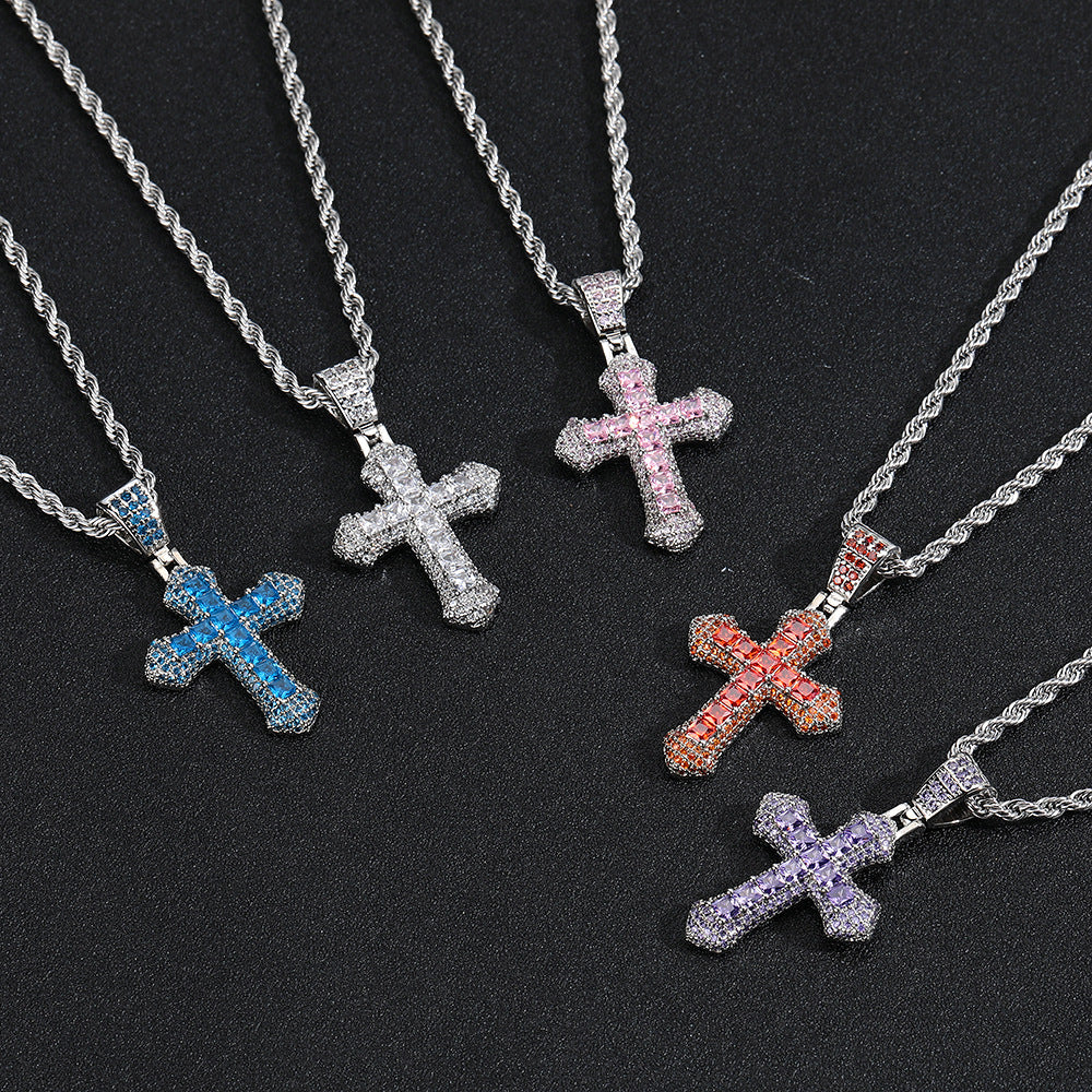 Women's & Men's Color Zirconium Cross Hip Hop Full Rhinestone Necklace