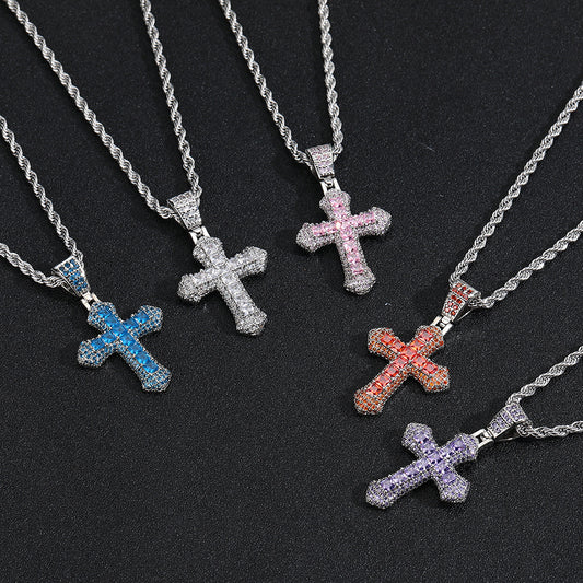Women's & Men's Color Zirconium Cross Hip Hop Full Rhinestone Necklace