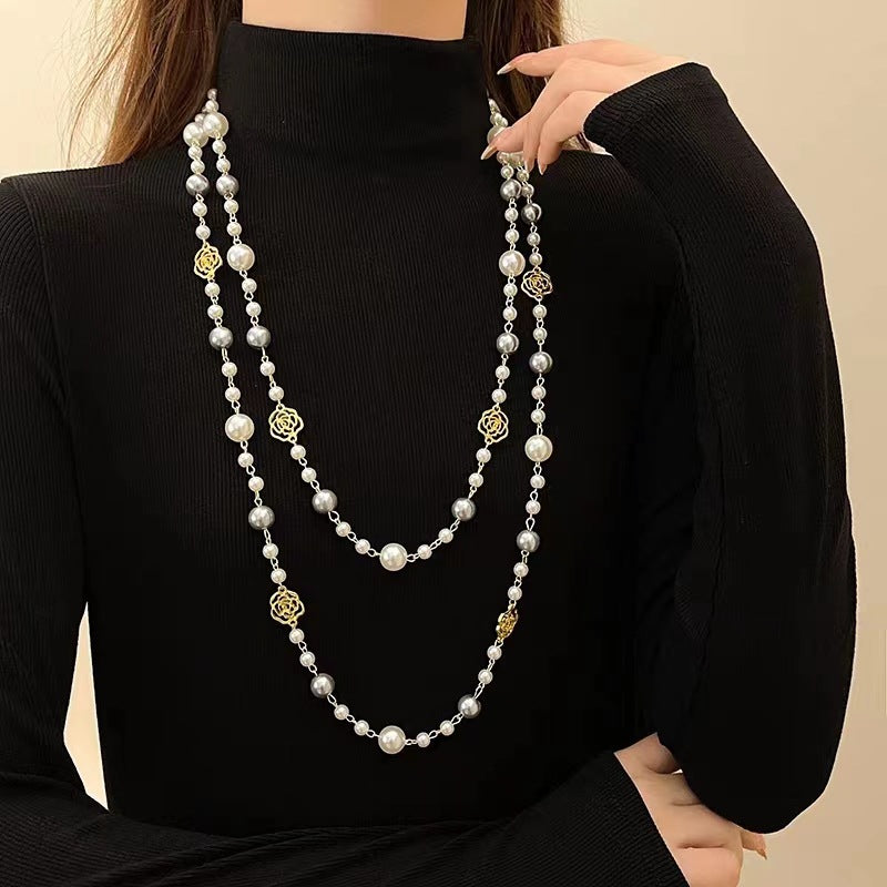 Rose Glass Pearl Stackable Long Sweater Necklaces