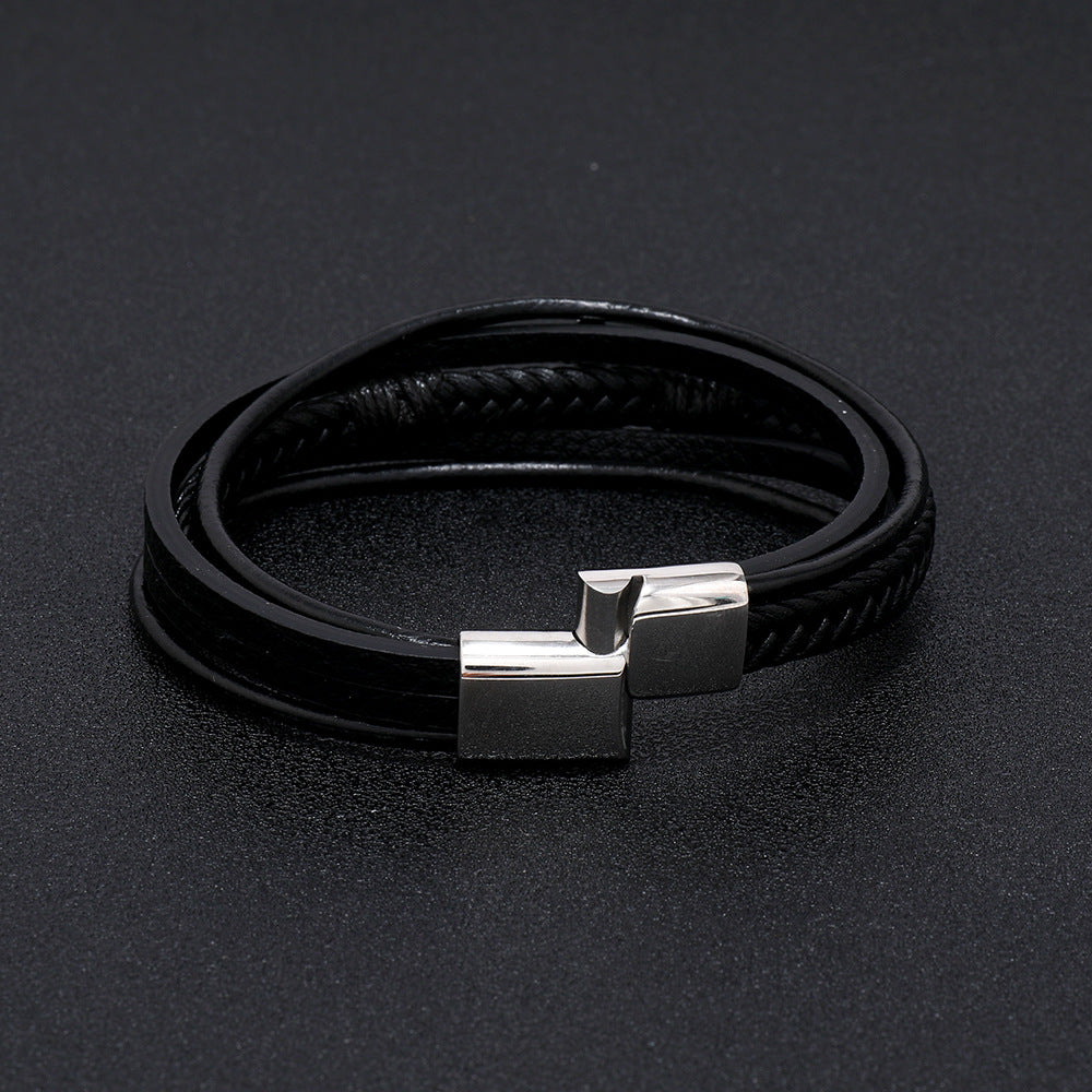 Men's Leather Woven Korean Style Glossy Magnetic Snap Cross Imitation Bracelets