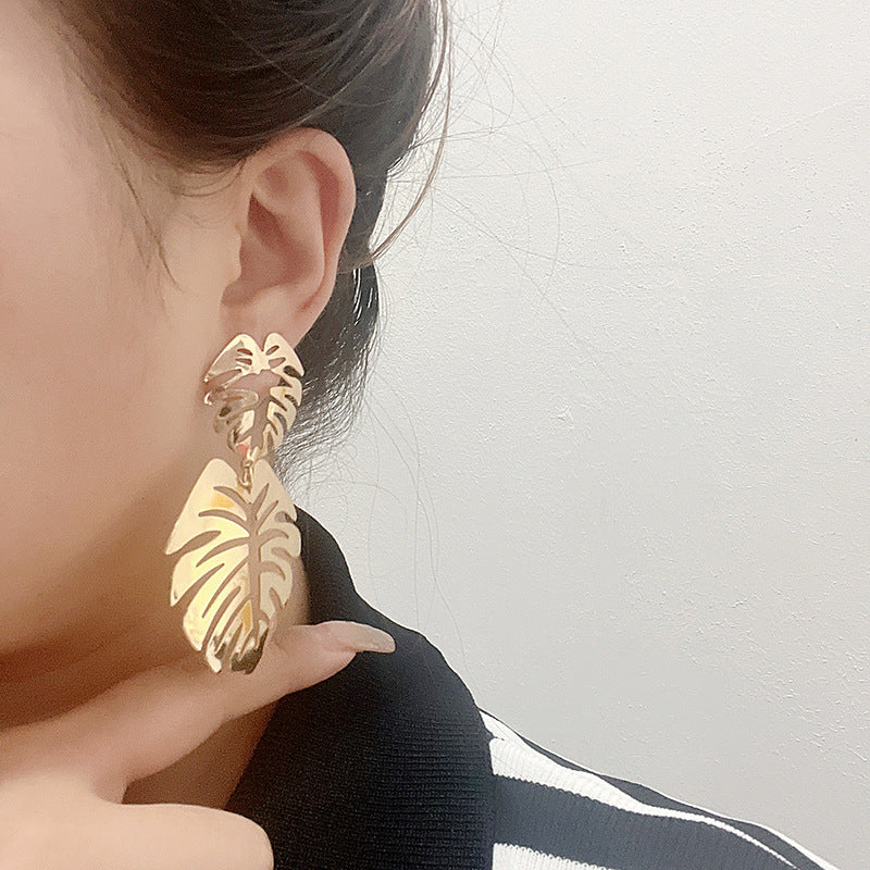 Sier Needle Vintage Metal Leaf Branches Hollow Ear Earrings