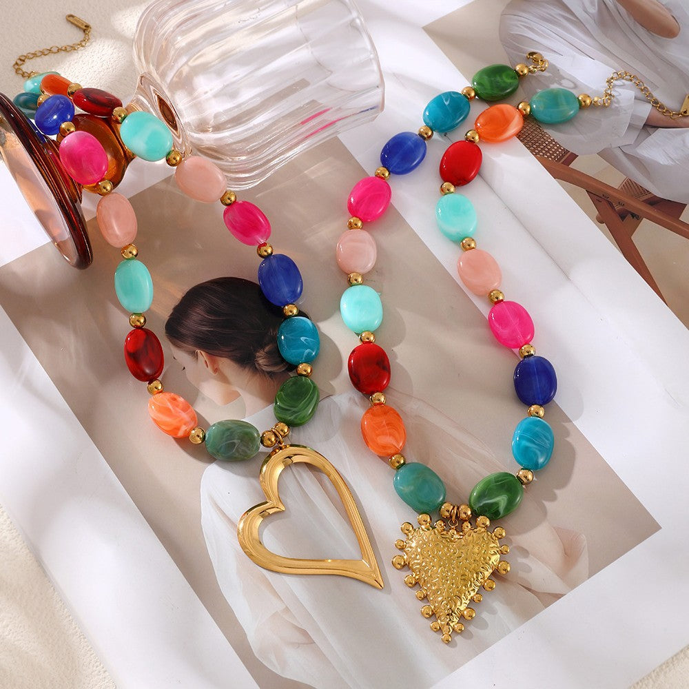 Women's Colorful Crystal String Beads Love Contrast Color Necklace