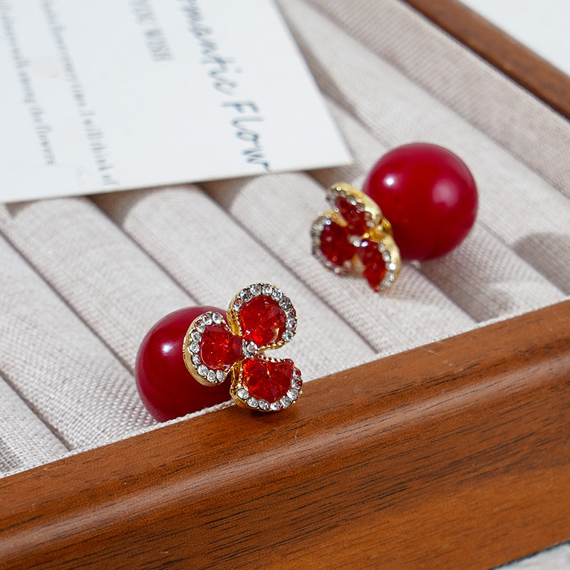 Women's Red Flower Beads Front Rear Ear Light Luxury Three-leaf High Stud Earrings