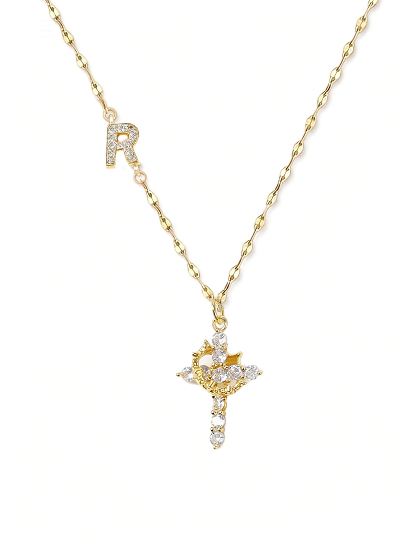 Full Diamond Rotatable Crown Cross With Letters Gold-plated Necklace