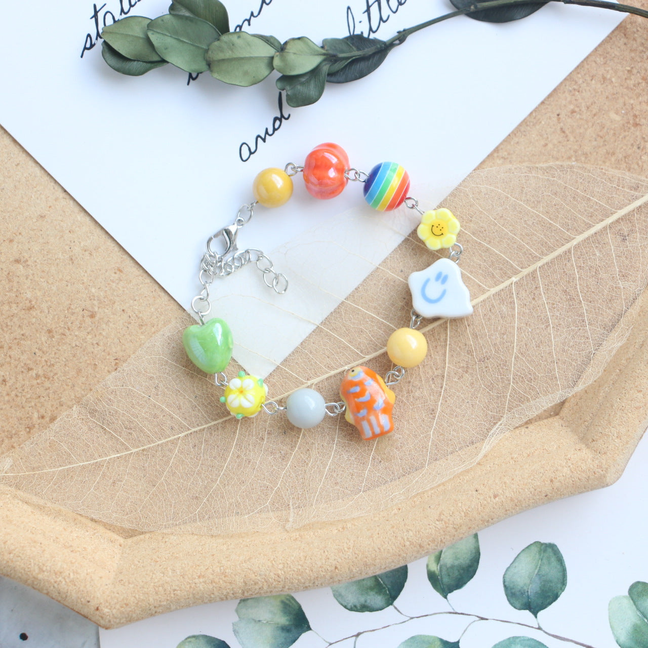 Niche Sweet Cute Stitching Style Cartoon Butterfly Tulip Glass Ceramic Bracelets