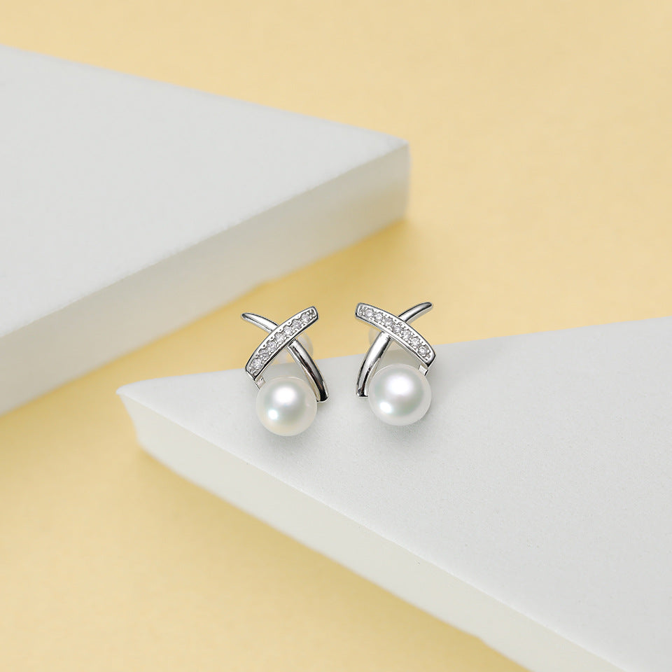 Natural Freshwater Pearl Ear X-shaped Cross Line Stud Earrings