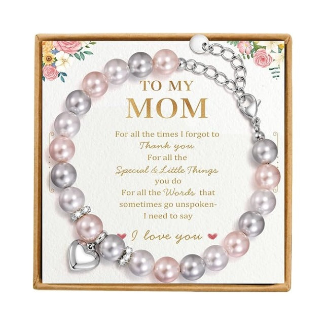 Women's Imitation Pearl Stainless Steel Love Beaded Adjustable Mother's Day Bracelet