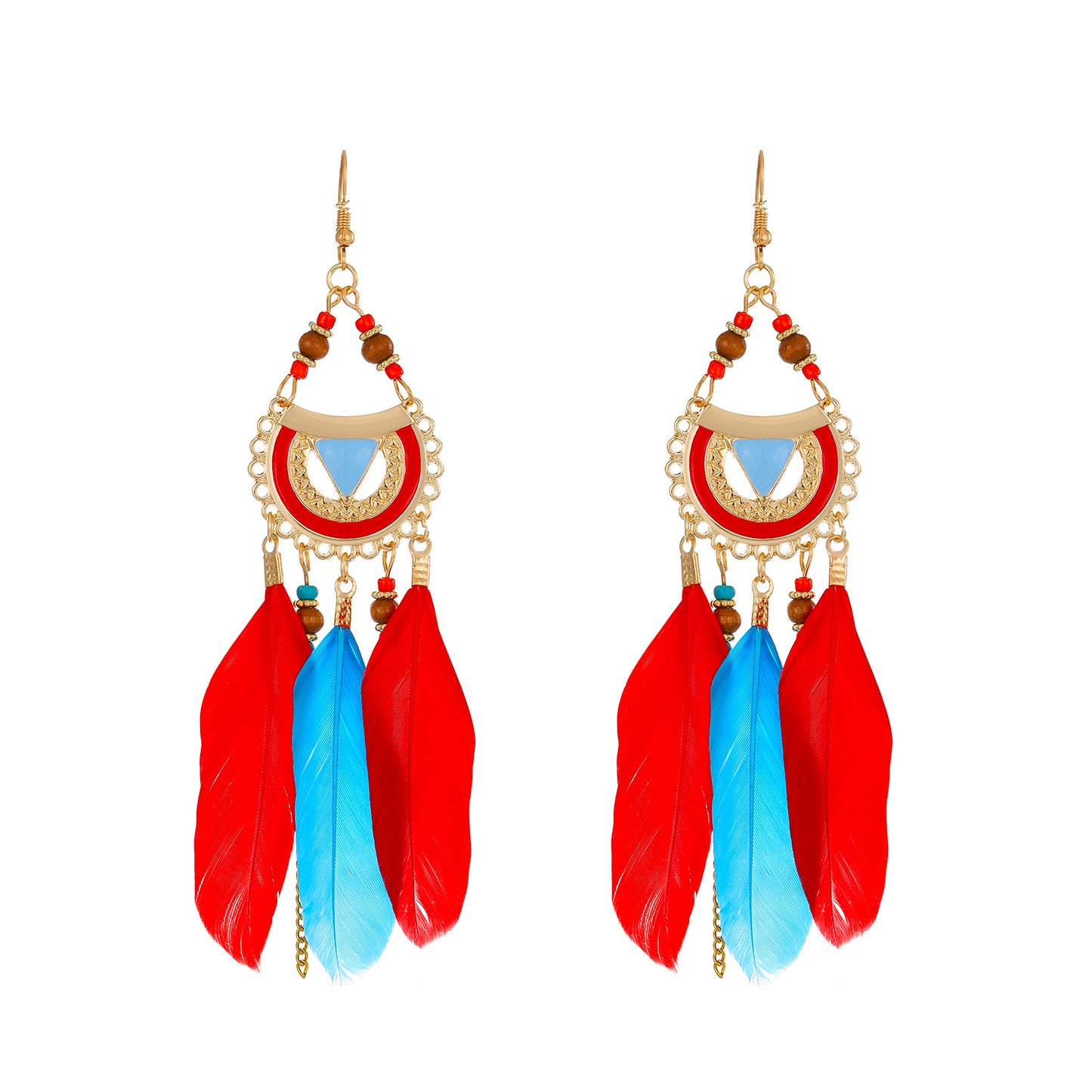 Semicircle Feather Popular Long Bead Chain Tassel Ethnic Rings
