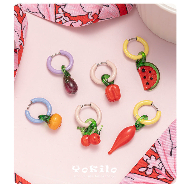 Stainless Steel Clip Cute Dopamine Dripping Oil Niche Fruit Handmade Ear Buckle